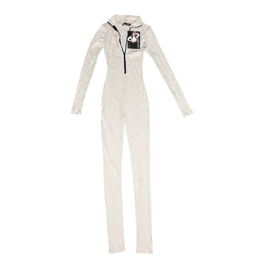 Naked Wardrobe All Snatched & Zipped Cream Ribbed Jumpsuit Size XS NWT